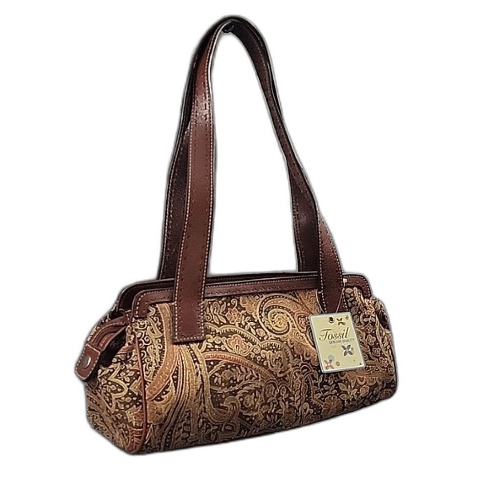 Fossil NWT Sedona Paisley tapestry Fabric Brown Leather Shoulder Bag - READ